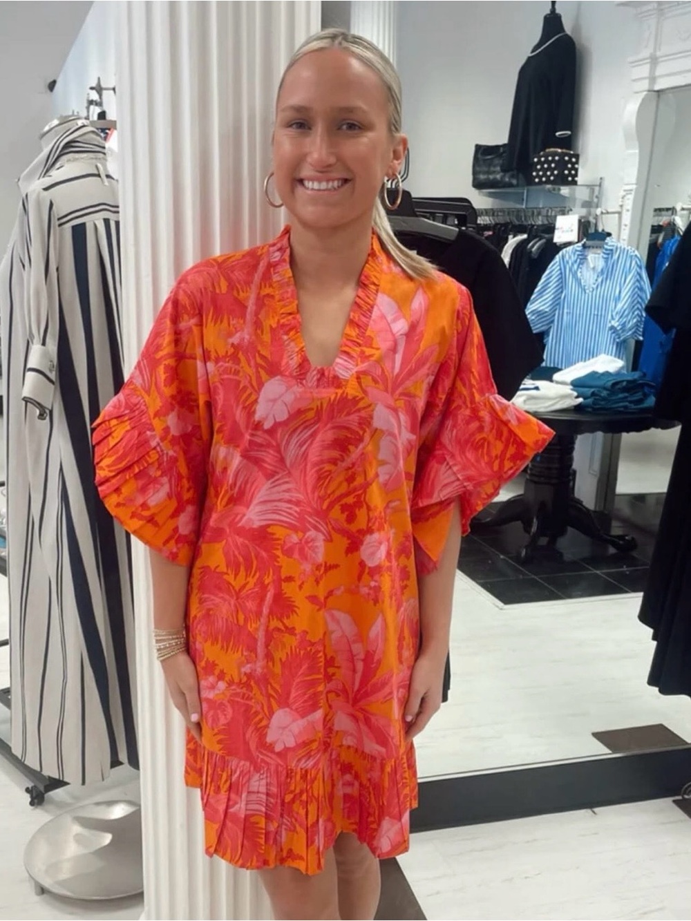 Fitzroy & Willa Pink & Orange V-Neck Ruffle Hem Casual Dress